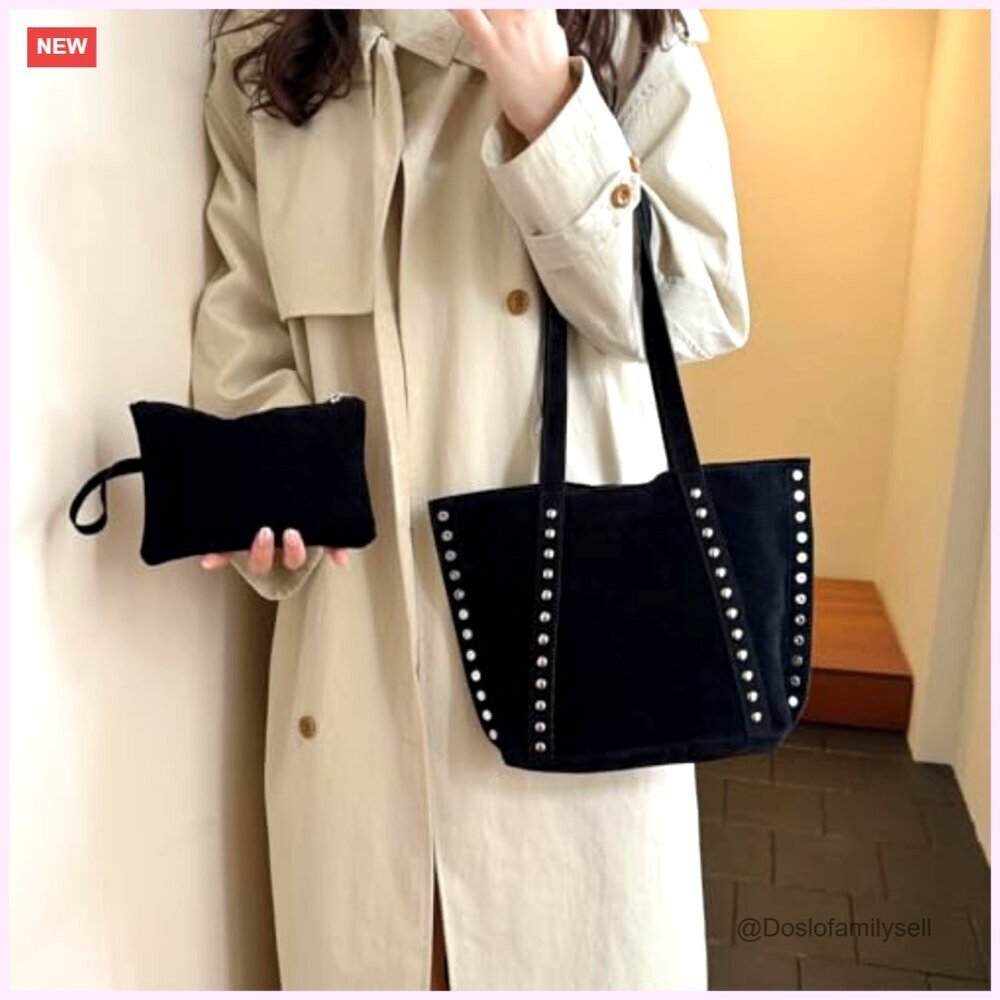 Faux Suede Studded Hobo Tote Bag Y2K Vintage Shoulder Purse with Zipper Bag - Picture 3 of 7